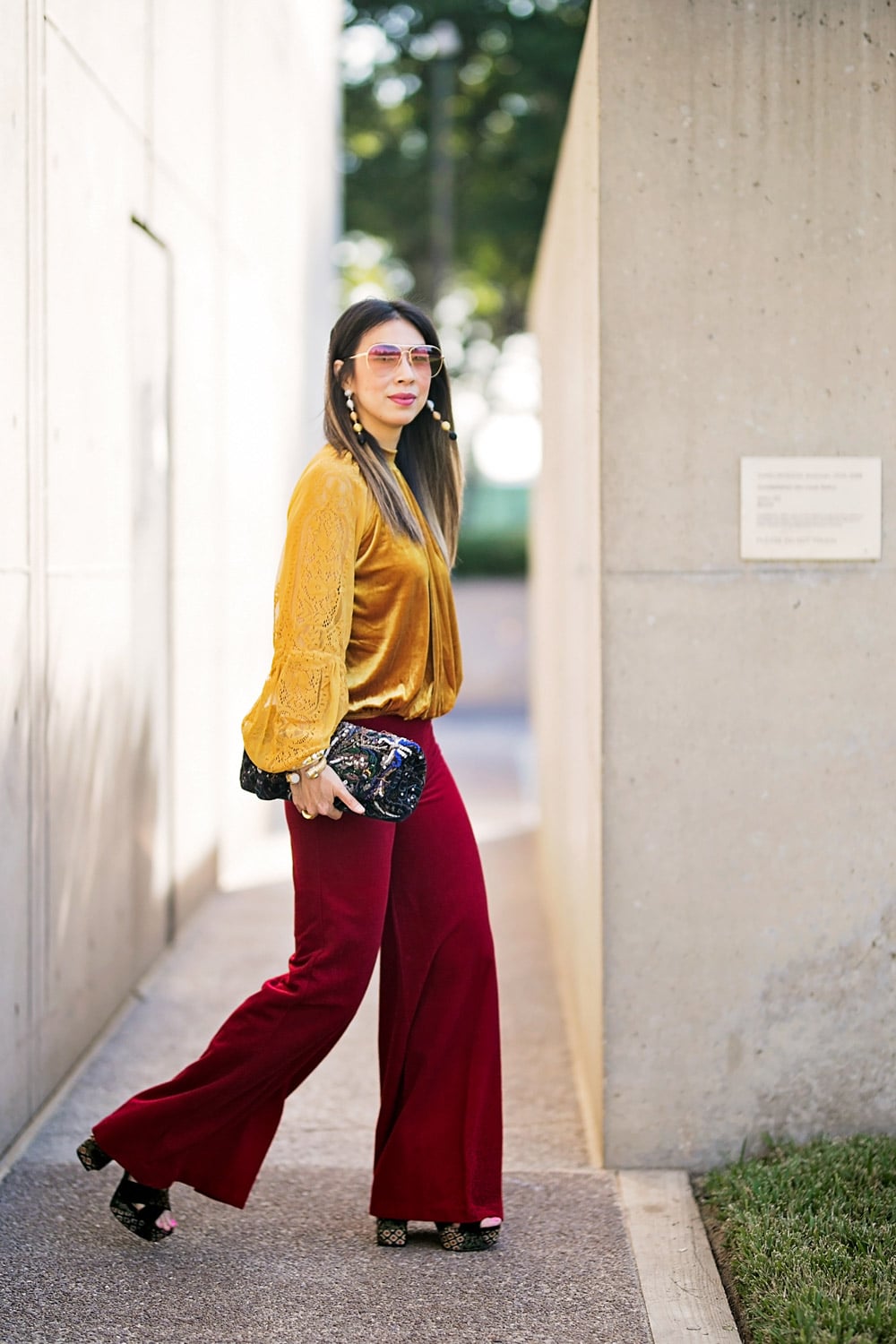 red velvet pants outfit