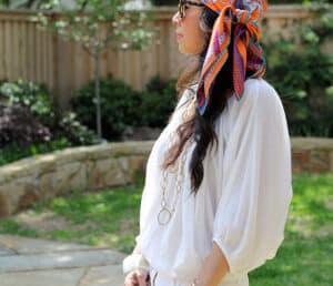 style of sam wearing hermes scarf as headscarf