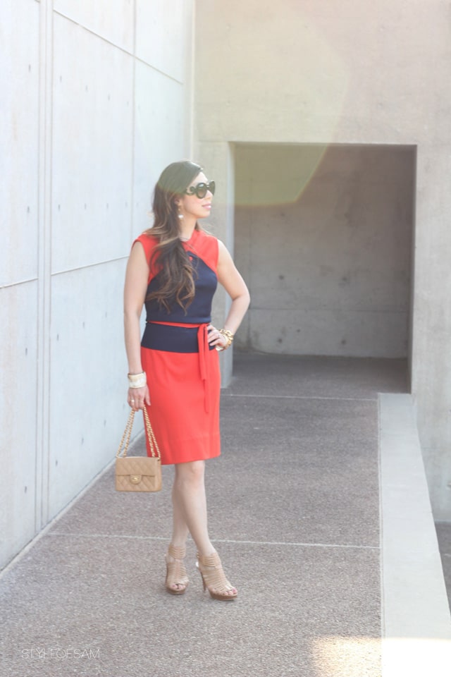 style of sam, from grandma with love, vintage mod colorblock orange and navy dress, prada baroque sunglasses, stuart weitzman nude strappy sandals, chanel beige caviar mini flap, pearl drop earrings, oui etsy ring