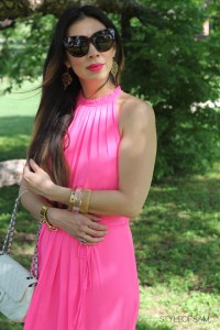 style of sam, ted baker london neon pink geha maxi dress, chanel white flap, coach mayra wedges, house of harlow chelsea sunglasses, louis vuitton gold chain cuff, lucky brand earrings, kelly wearstler perforated bangle, nasty gal lucite bangle, tom ford aphrodisiac lipstick