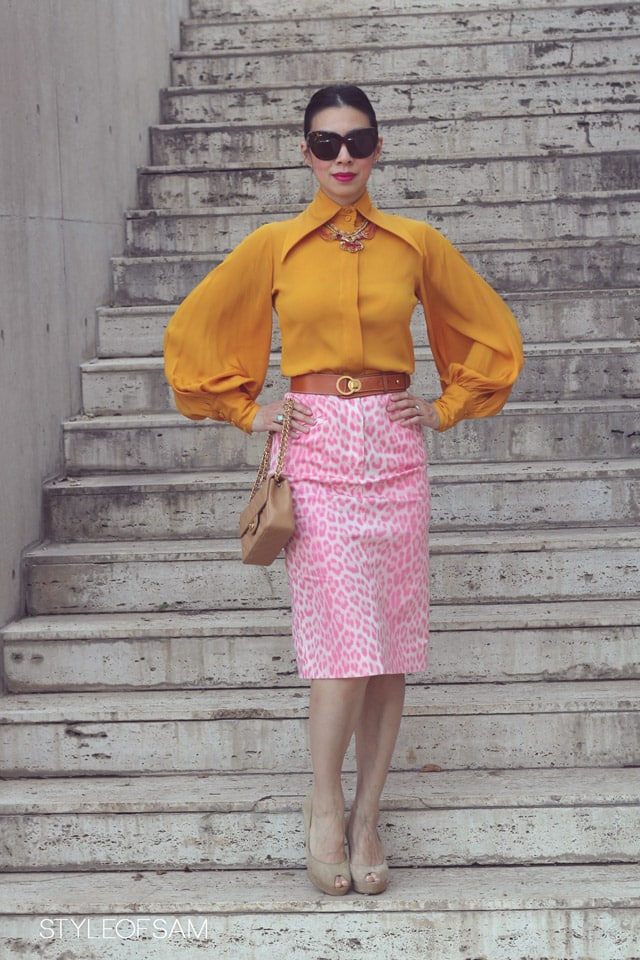 style of sam, mustard and pink, mustard balloon sleeve top, pink leopard moschino cheap and chic skirt, house of harlow chelsea tortoise sunglasses, ysl saint laurent palais heels, chanel mini caviar flap in tan, elizabeth cole kissing rams necklace, vintage hermes camel belt, tom ford aphrodisiac lipstick, oui etsy ring, opal ring