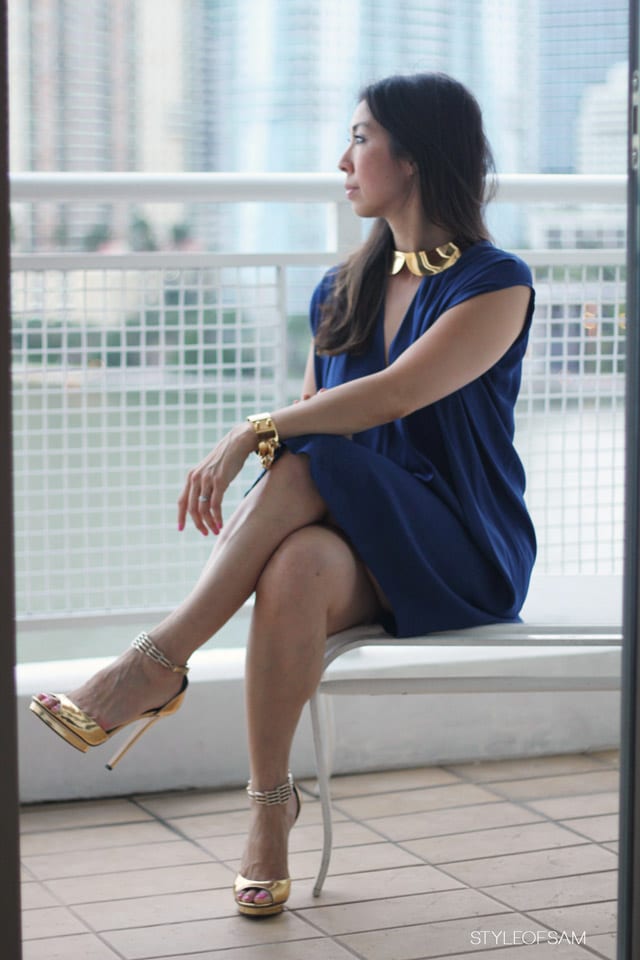style of sam, louis vuitton collar necklace and chain cuff, vince split neck dress, brian atwood gold mirror heels