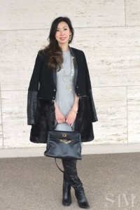 style of sam, ryan sadkin labradorite necklace, narcisco rodriguez wool and silk dress, coach over the knee boots, hermes kelly
