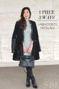 style of sam, ryan sadkin labradorite necklace, narcisco rodriguez wool silk dress, ashley b fur leather jacket, coach over the knee boots, hermes kelly, winter ootd, grey and black ootd