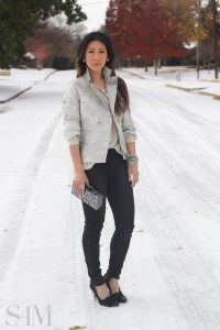 style of sam, CAbi chalet jacket, slouch tee, moto jegging, holiday outfit, gold and silver outfit