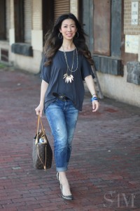 style of sam, cabi tee, zara boyfriend jeans, rebecca minkoff feather necklace, isabel marant pour h&m heels, LV neverfull MM, hermes bangle, weekend ootd,
