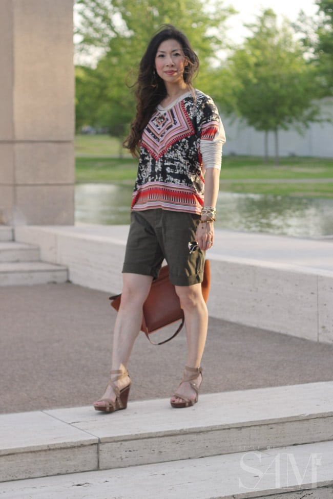 style of sam, cabi scarf top, ivy league shorts, celine trapeze bag