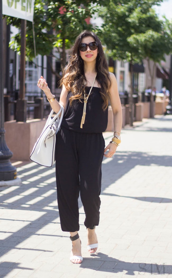 style of sam, cabi patio romper, strapless black jumpsuit, black and white outfit, tassel necklace, white celine luggage tote