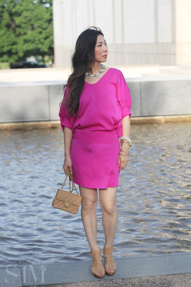 style of sam, dvf edna dolman sleeve pink dress, five piece french wardrobe