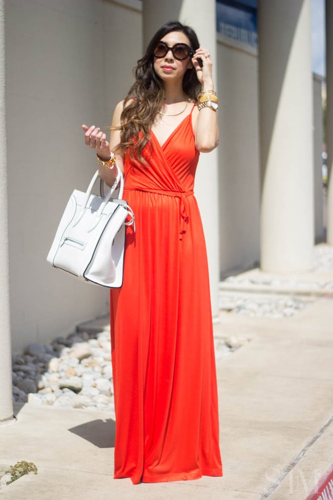 style of sam, french connection alanis red maxi dress, how to wear a maxi dress, white celine luggage tote