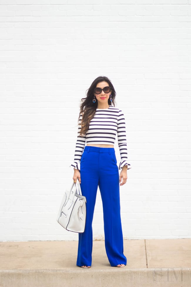 style of sam, how to wear a striped crop top, zara striped crop top, alice and olivia high waisted pant