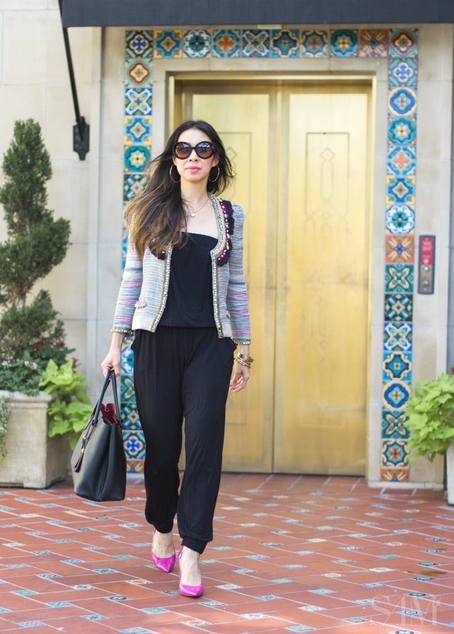 style of sam, isabel marant flana jacket, CAbi patio romper, how to wear a jumpsuit