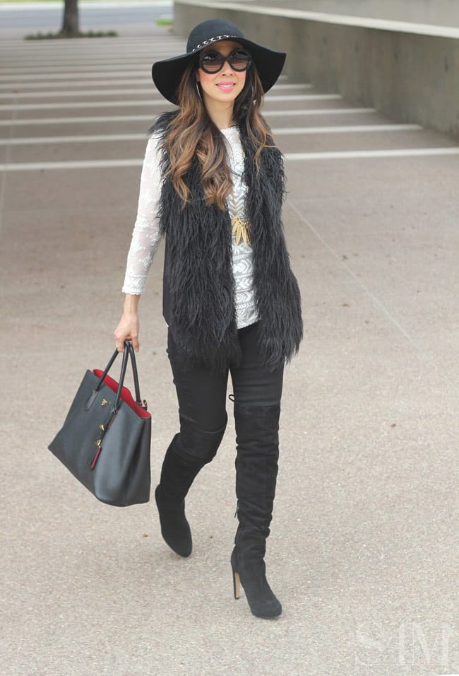 style of sam, CAbi infinite fur vest, how to wear a fur vest, fall ootd, how to wear OTK boots