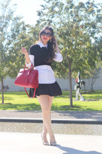 style of sam in cropped sweater, white shirt, black mini skirt, red ysl saint laurent sac de jour
