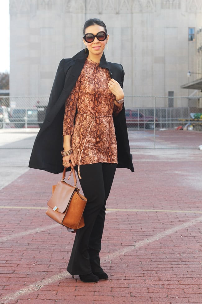 style of sam in vintage snakeskin tunic black flare pants celine trapeze bag mixing brown and black