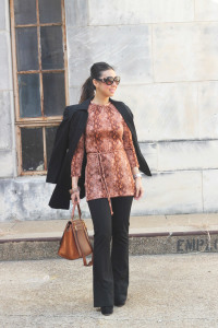 style of sam in vintage snakeskin tunic black flare pants celine trapeze bag mixing brown and black