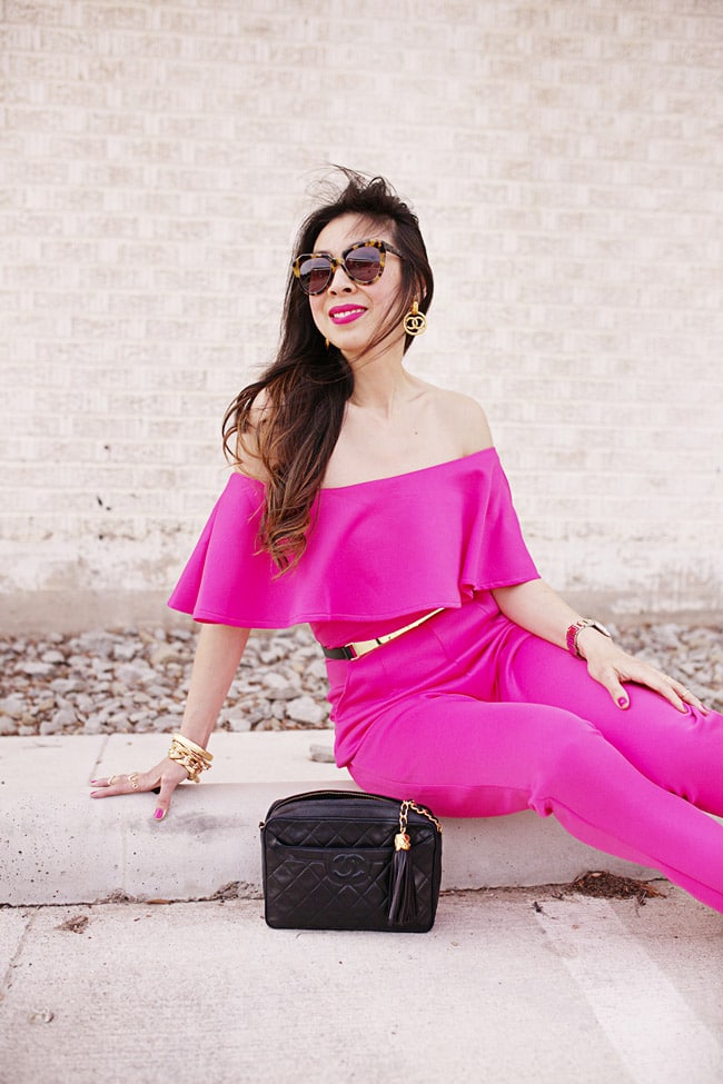 style of sam, boohoo frill off the shoulder scuba jumpsuit, how to wear pink, how to wear off the shoulder, vintage chanel camera bag
