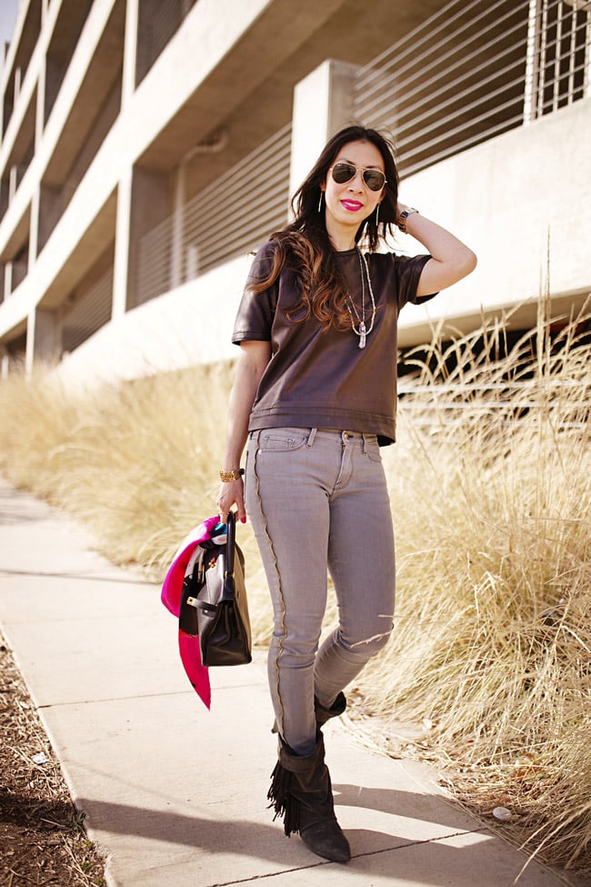 style of sam, how to wear a leather top, frame denim thacher skinny jeans, hermes kelly bag modern outfit