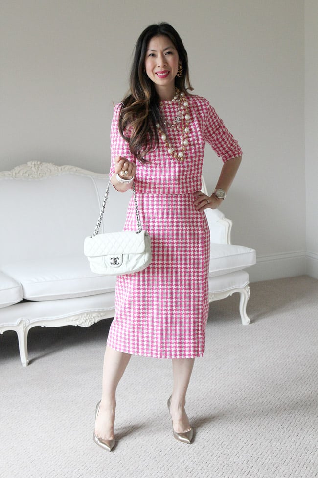 style of sam, from grandma with love, vintage pink gingham suit, how to wear chanel pearls