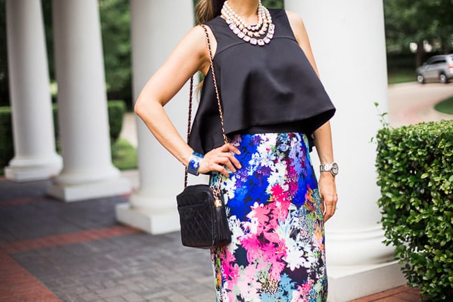 milly ombre floral skirt, cameo new love top, kate spade SHAKEN AND STIRRED TRIPLE STRAND NECKLACE, stuart weitman nudist heel, chanel camera bag, what to wear to a wedding, chic at every age