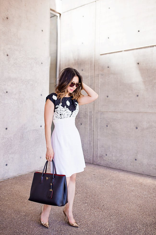from grandma with love, black and white applique dress, gold valentino pumps, prada double bag, lob haircut with ombre hightlights, ladylike outfit