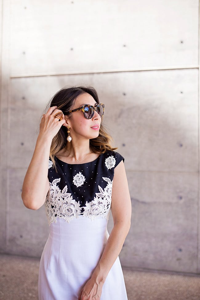 from grandma with love, black and white applique dress, vita fede futuro ring, karen walker number one sunglasses, vintage pearl drop earrings, lob haircut with ombre hightlights, ladylike outfit