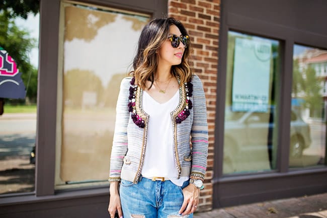 how to wear boyfriend jeans, isabel marant flana jacket, lob haircut with ombre highlights