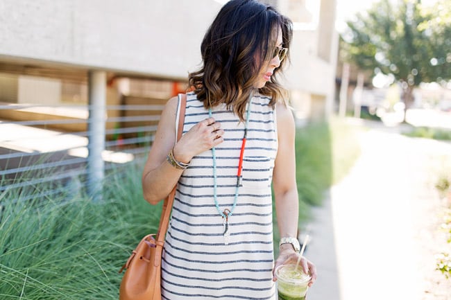 striped sleeveless dress for summer, mansur gavriel bucket bag, lob haircut with ombre highlights, style of sam