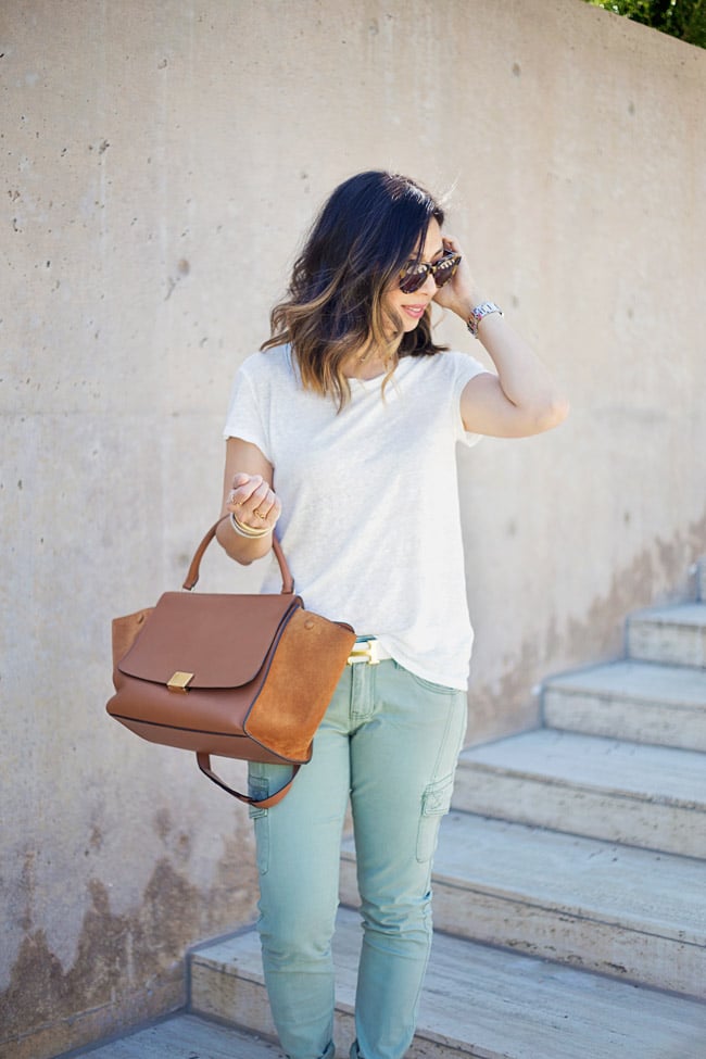 how to wear cargo pants, CAbi Celadon Cargo pant, linen tee, how to wear a linen tee, summer outfit idea, celine trapeze bag