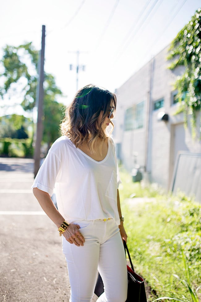 how to wear white jeans, lob haircut with ombre highlights, white after labor day