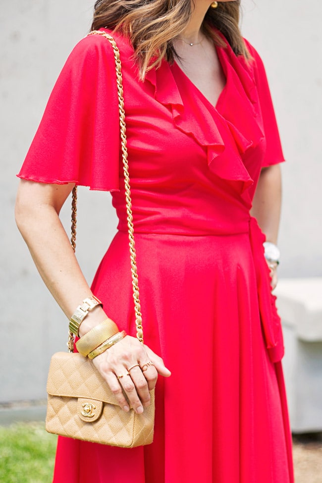 vintage red flutter sleeve dress, how to wear a red dress, vintage chanel mini flap and ball drop earrings