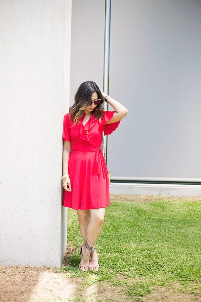 vintage red flutter sleeve dress, how to wear a red dress, isabel marant rio chain sandals, vintage chanel mini flap and ball drop earrings