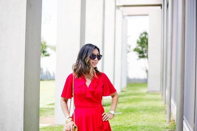 vintage red flutter sleeve dress, how to wear a red dress, lob haircut with ombre highlights