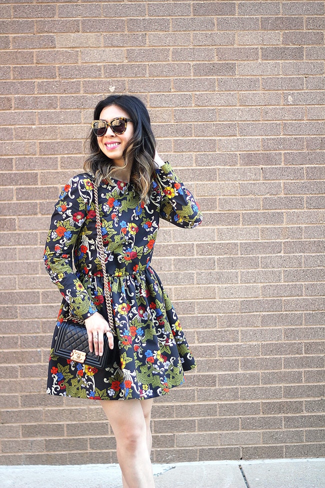 vivetta floral dress, how to wear florals in fall, chanel boy bag