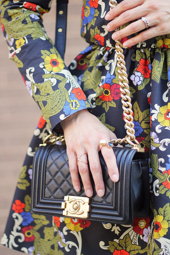 vivetta floral dress, how to wear florals in fall, chanel boy bag, barse jewelry double helix ring, tiklari hami ring