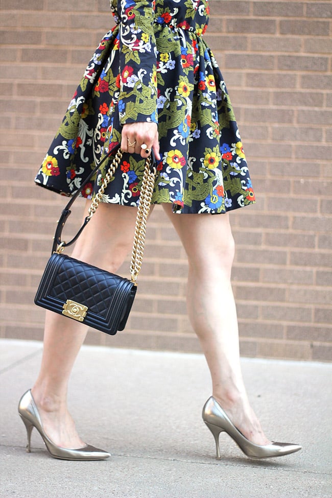 vivetta floral dress, how to wear florals in fall, chanel boy bag, valentino gold pumps