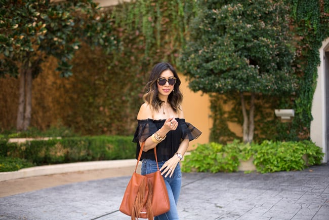 how to wear flare jeans, alexis off the shoulder top, j brand asbury high rise flare jeans, elaine turner jamie hobo 