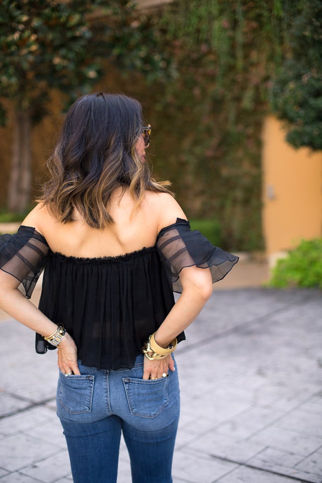 how to wear flare jeans, alexis off the shoulder top, j brand asbury high rise flare jeans, lob haircut with ombre highlights