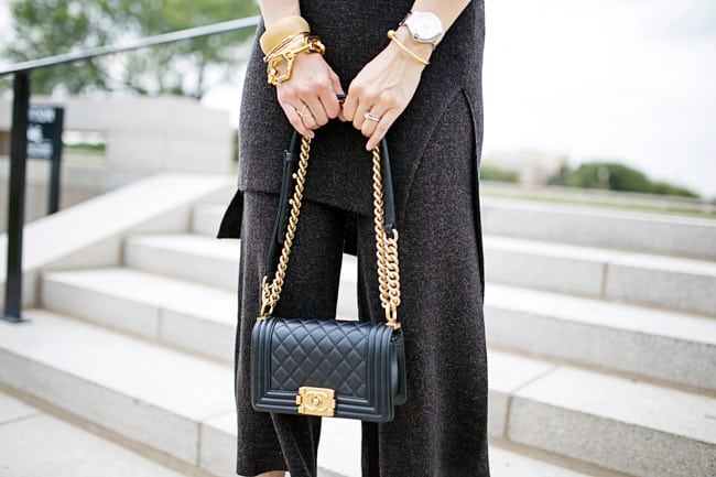 how to wear coords, how to wear culottes, gold arm party, chanel boy bag small, marni platform heels