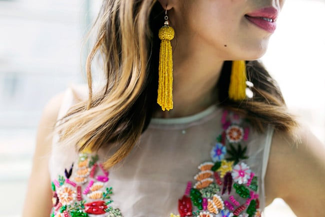 nicole miller tutti frutti crop top, yellow tassel earrings, how to wear a crop top and culottes