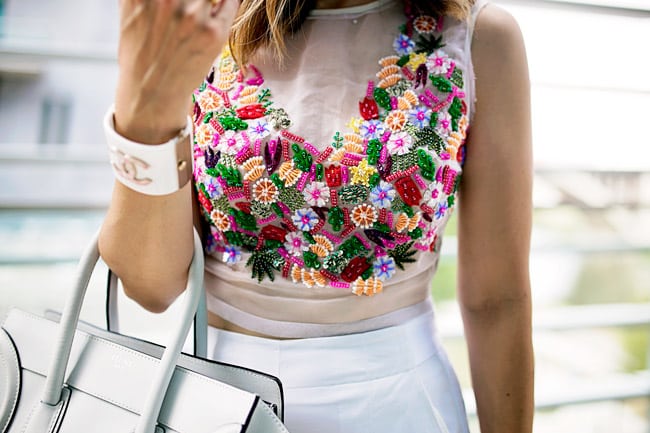 nicole miller tutti frutti crop top, chanel pink and white gingham cuff bracelet, how to wear a crop top and culottes