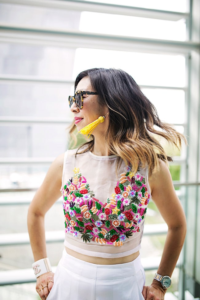nicole miller tutti frutti crop top,yellow tassel earrings, how to wear a crop top and culottes