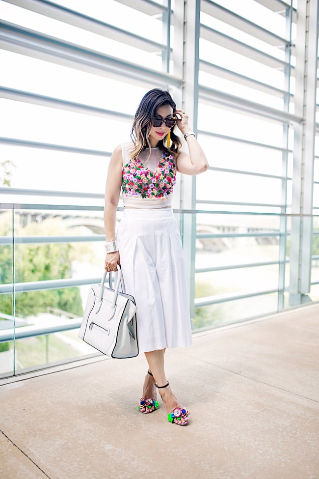 nicole miller tutti frutti crop top, sophia webster lilico heels, how to wear a crop top and culottes