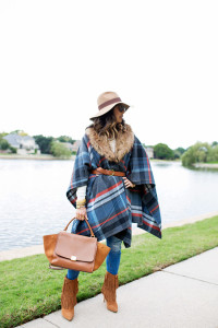 style of sam in plaid fur poncho floppy hat fringe booties celine trapeze bag