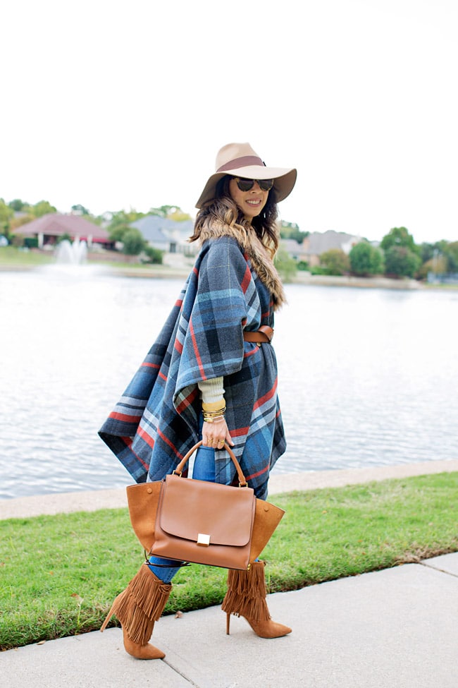 style of sam in blue plaid fur poncho brixton hat celine trapeze bag fringe booties thanksgiving outfit