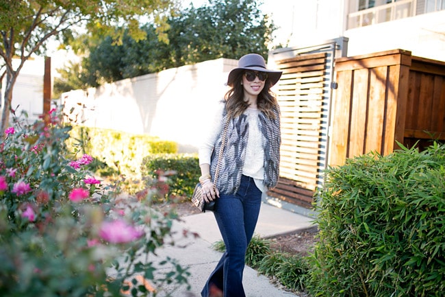how to wear a faux fur vest, wool hat, flare jeans, how to get dressed fast, chanel boy bag