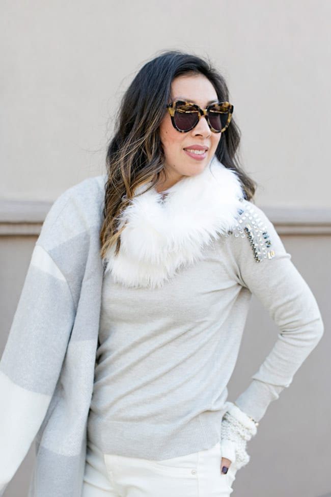 winter neutral outfit, how to wear a faux fur scarf, fingerless gloves