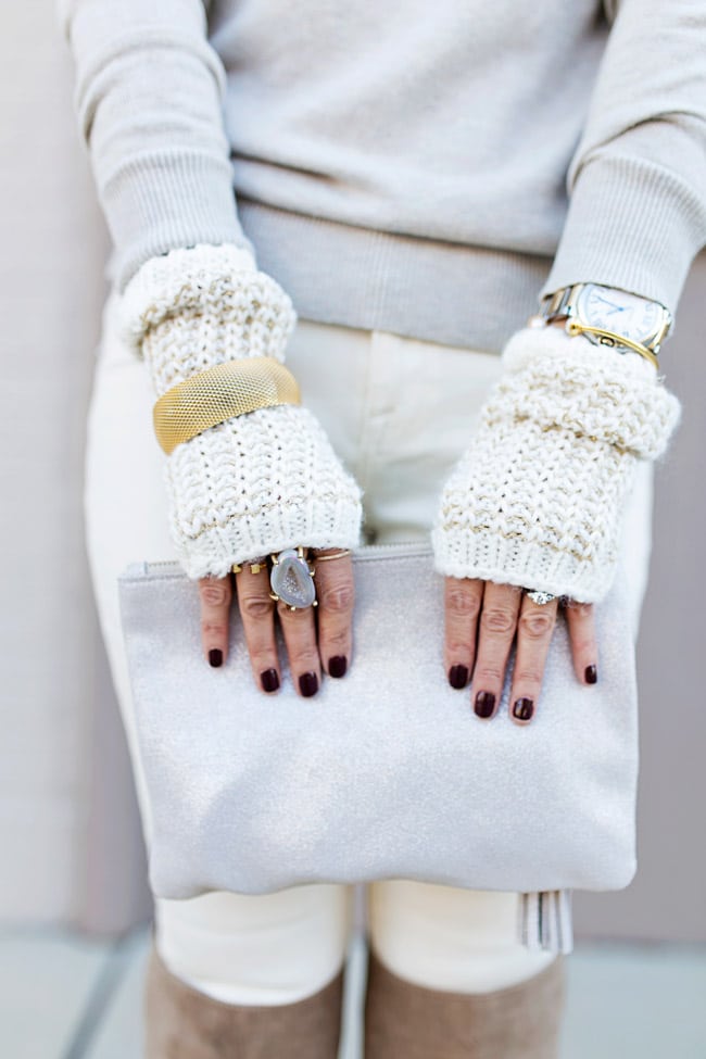 winter neutral outfit, how to wear a faux fur scarf, fingerless gloves, tassel leather pouch, rms beauty diabolique nail polish