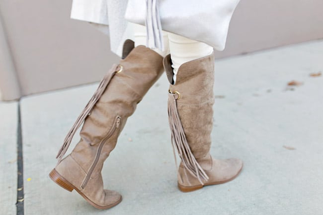 winter neutral outfit, tassel riding boots