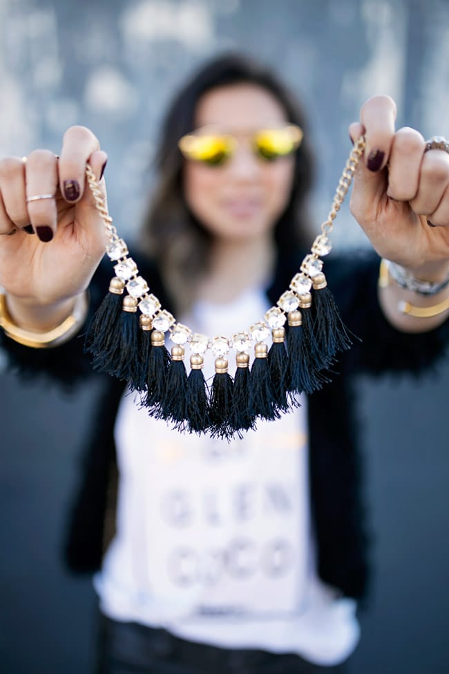 rhinestone fringe necklace, target style, how to style a graphic tee